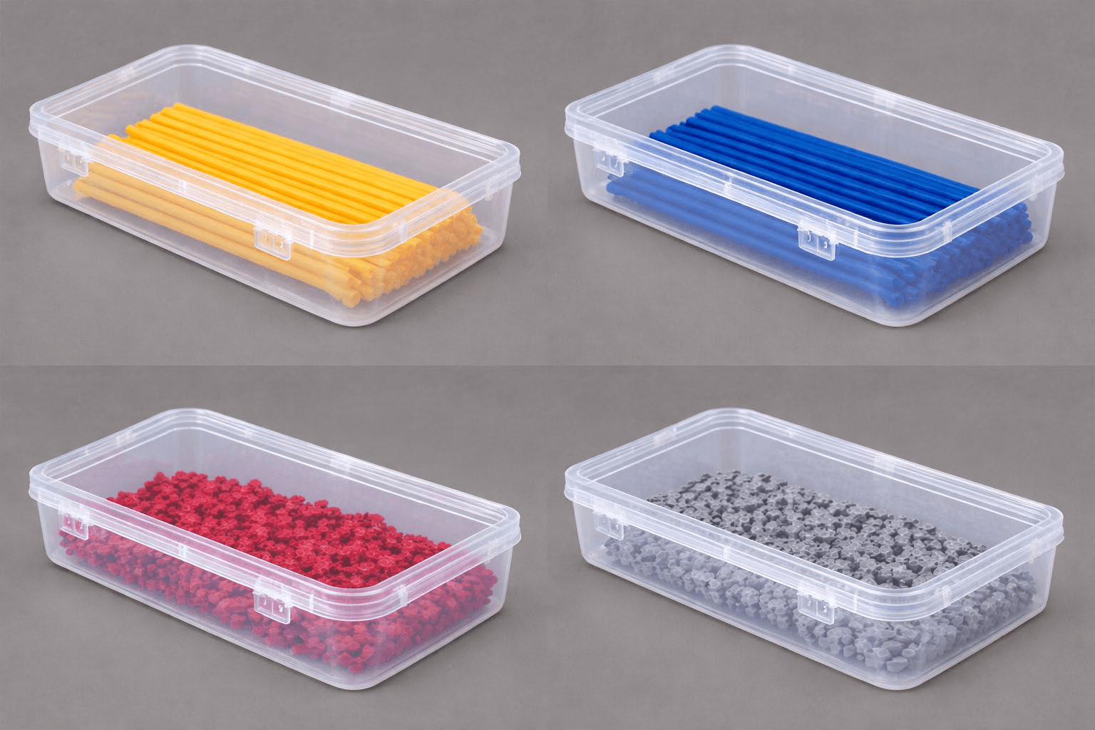 The Bank's labelled containers, each holding one type of rod or connector sorted by price band.